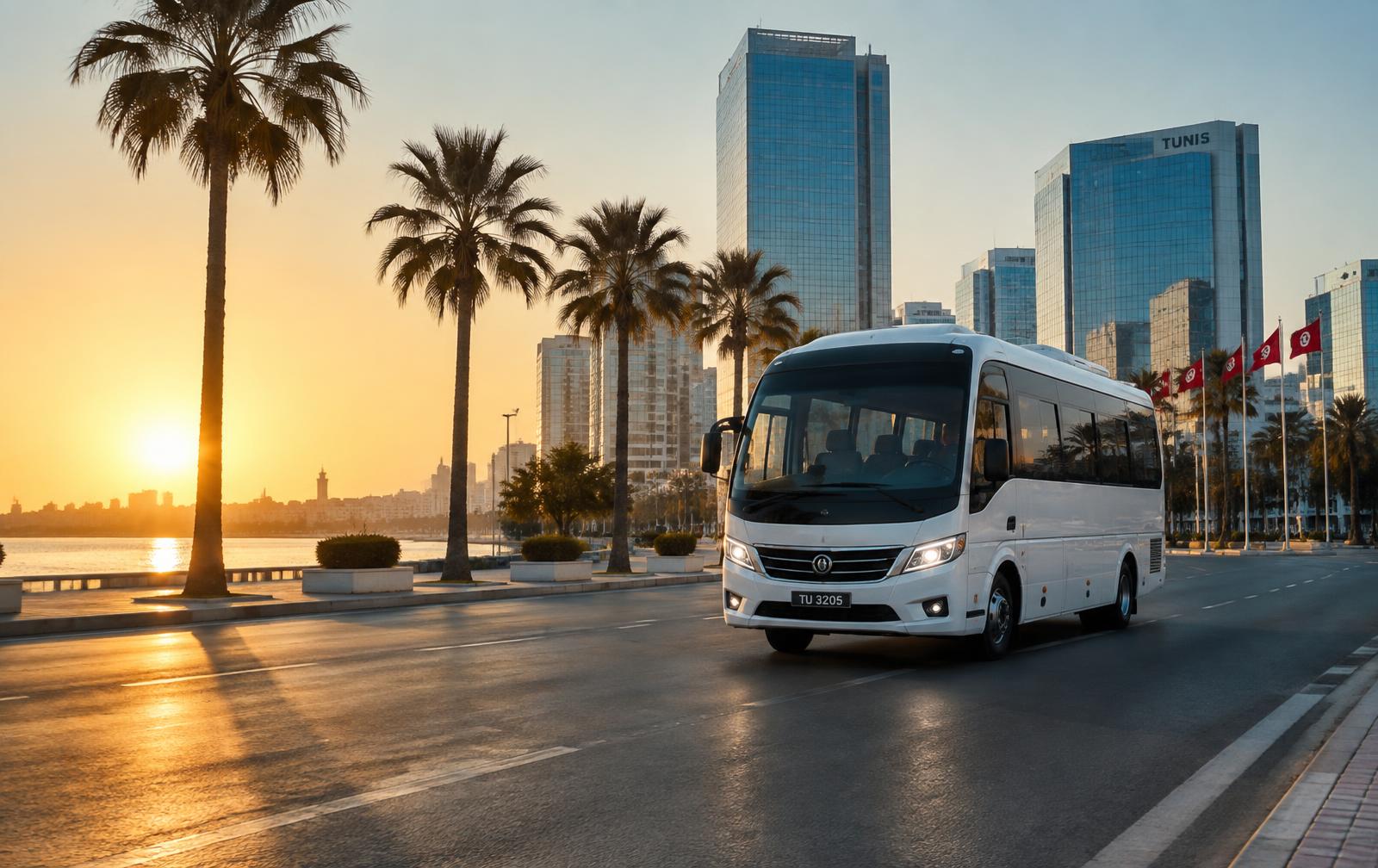 Navette NAVETTY sur une avenue de Tunis au lever du jour